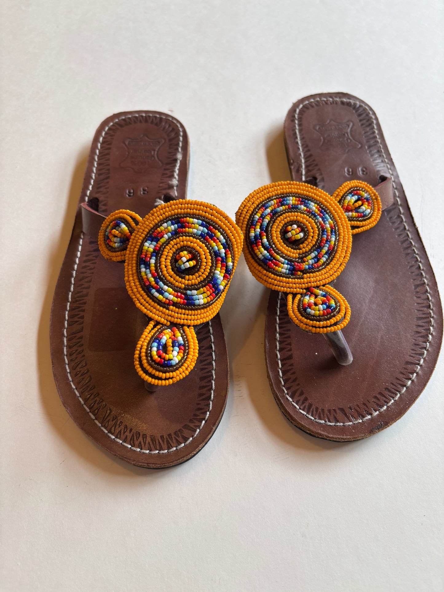 African Beaded Leather Sandals: EU 36 ( US 5-6 ) Bright, Bold Patterns