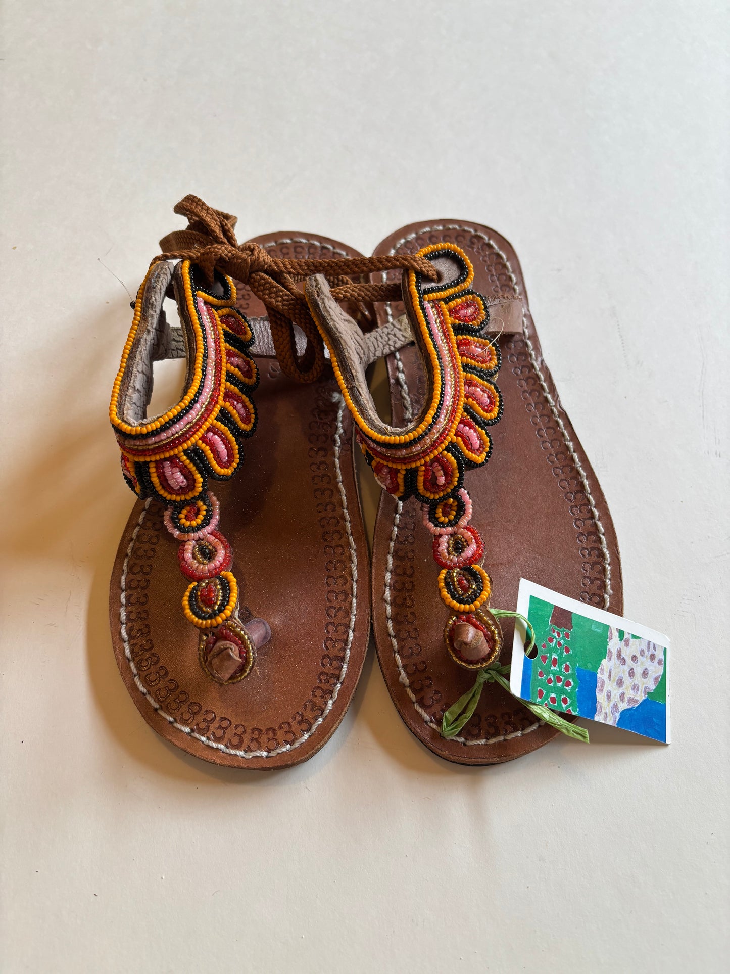 African Beaded Leather Sandals: EU 36 ( US 5-6 ) Bright, Bold Patterns