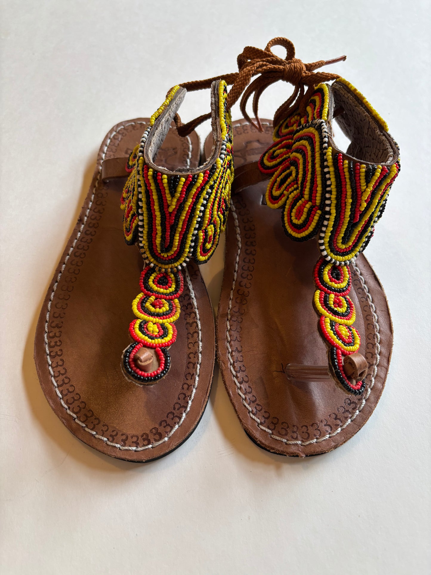 African Beaded Leather Sandals: EU 37 ( US 6-7 ) Bright, Bold Patterns