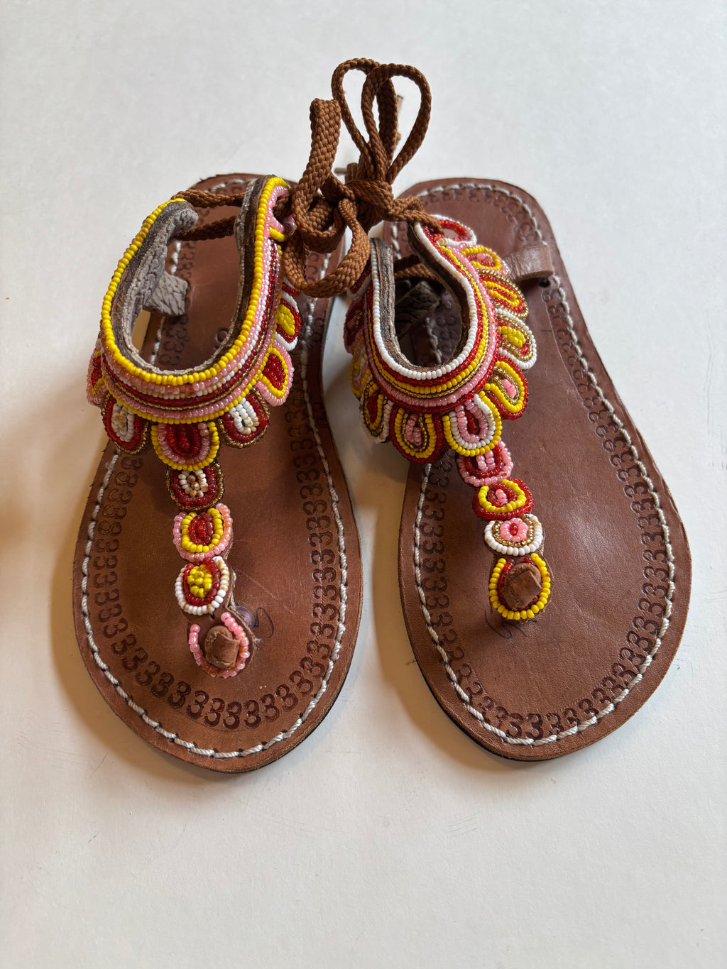 African Beaded Leather Sandals, Kids:  EU 35 Bright, Bold Patterns