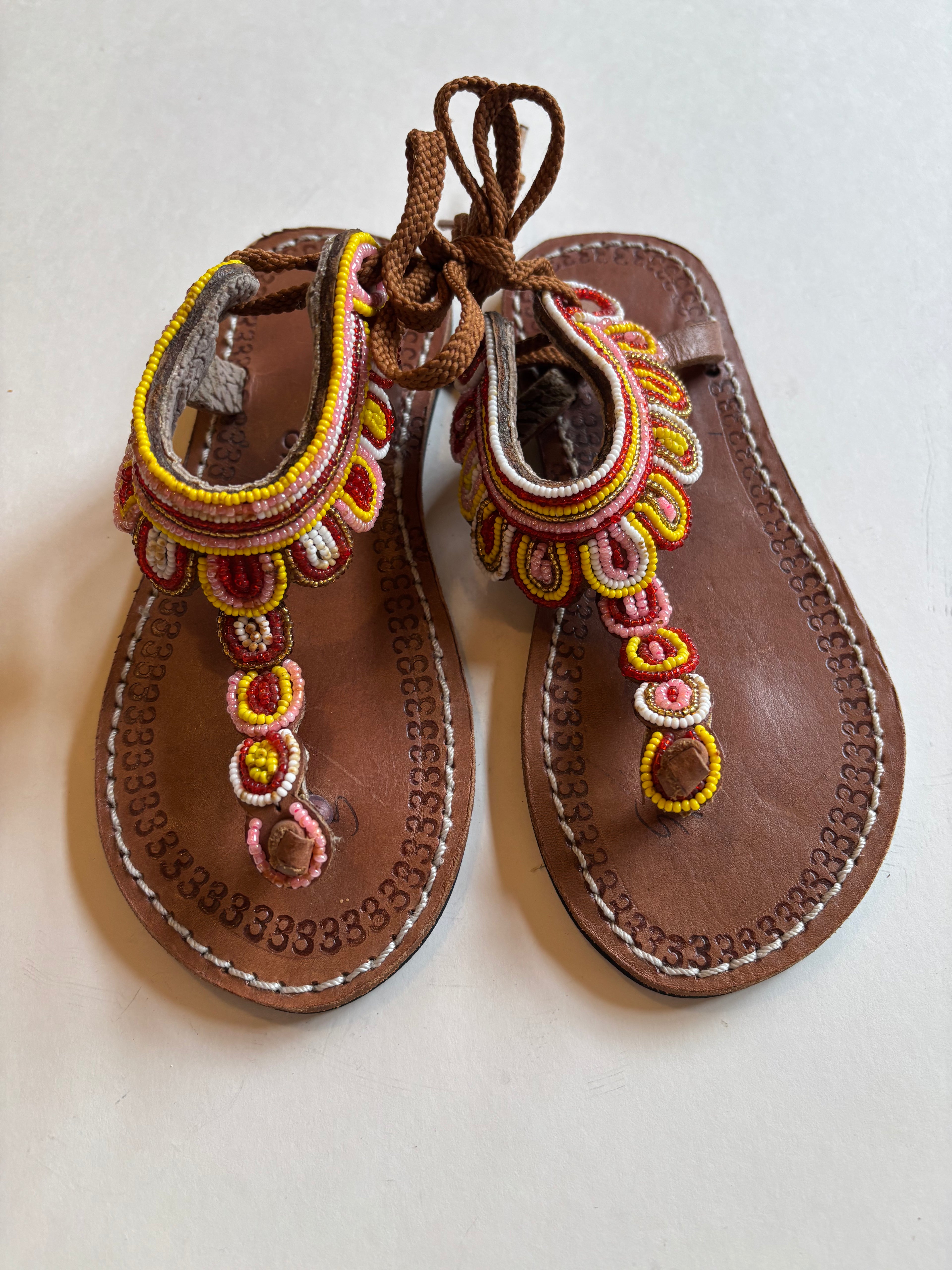 African Beaded Leather Sandals, Kids:  EU 35 Bright, Bold Patterns