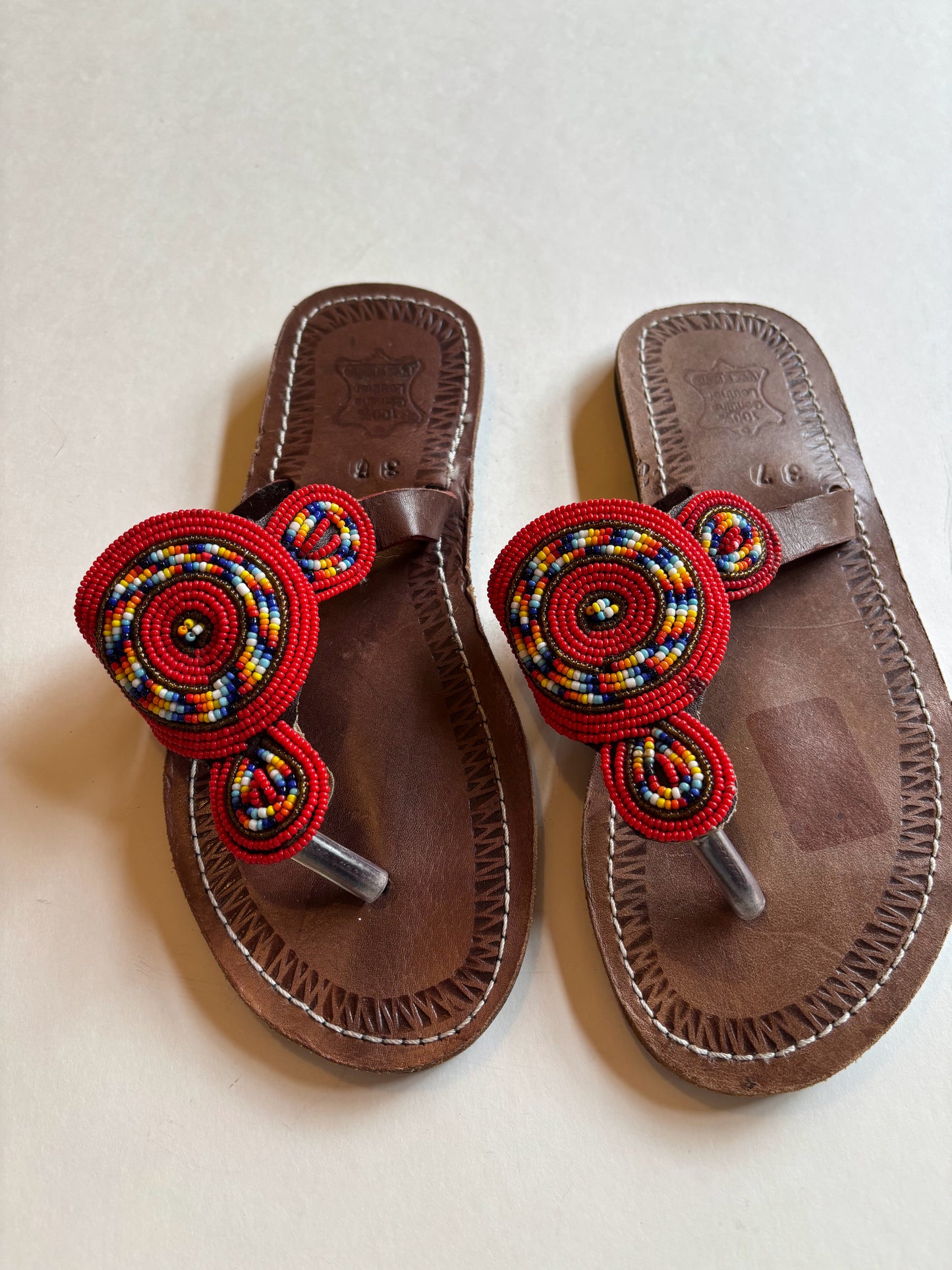 African Beaded Leather Sandals:  EU 37 ( US 6-7 ) Bright, Bold Patterns