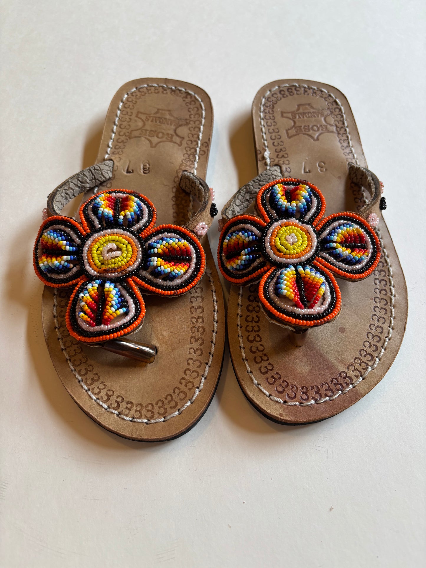 African Beaded Leather Sandals:  EU 37 ( US 6-7 ) Bright, Bold Patterns