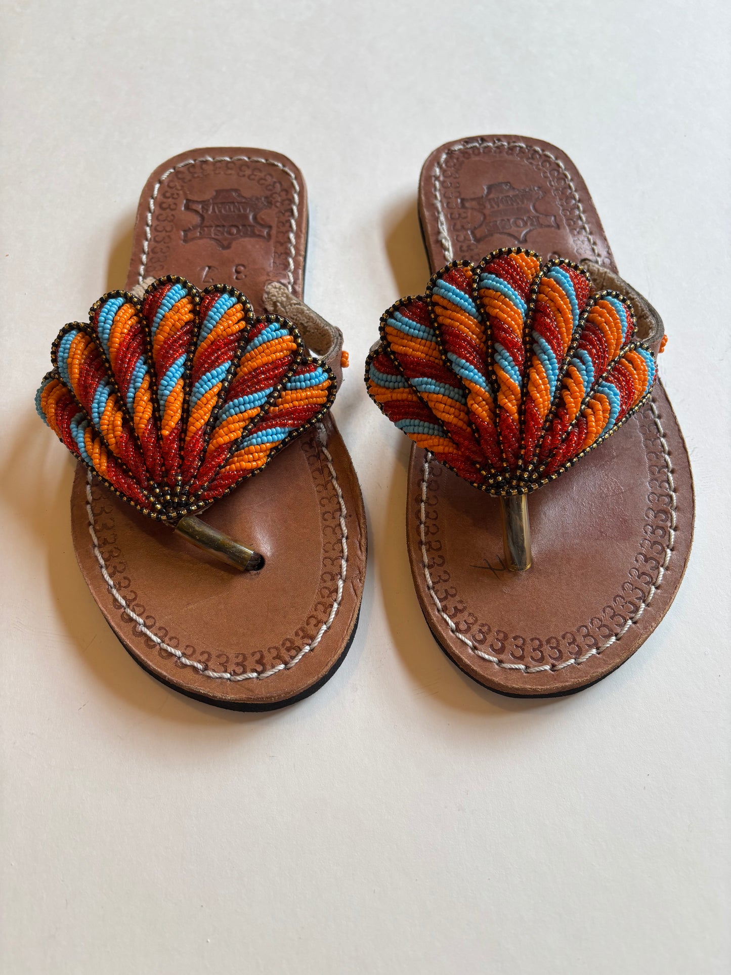 African Beaded Leather Sandals:  EU 37 ( US 6-7 ) Bright, Bold Patterns