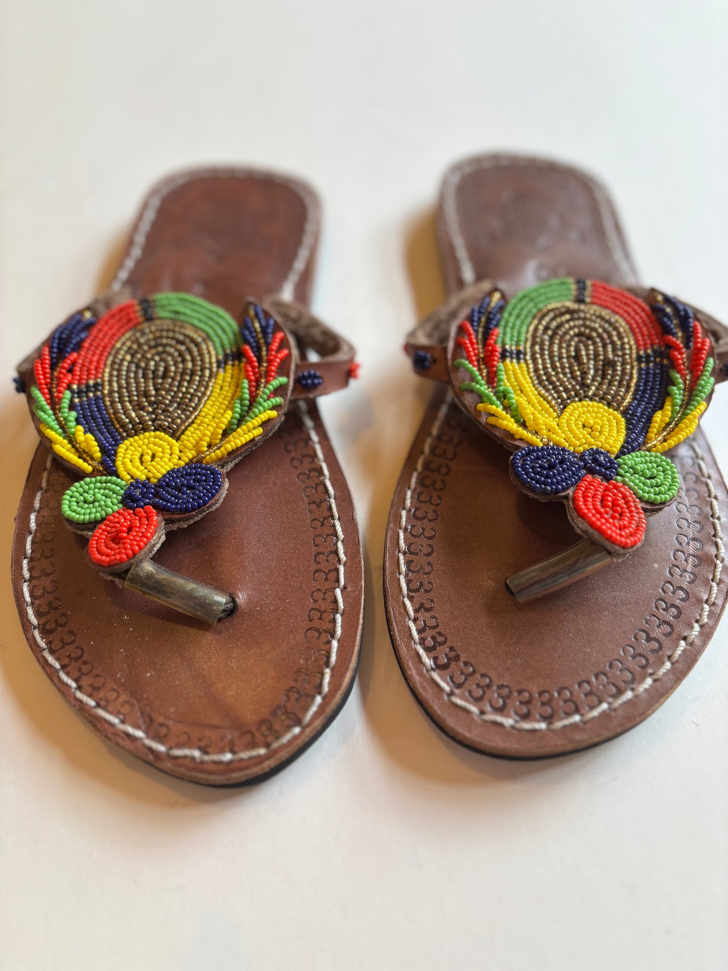 African Beaded Leather Sandals:  EU 37 ( US 6-7 ) Bright, Bold Patterns