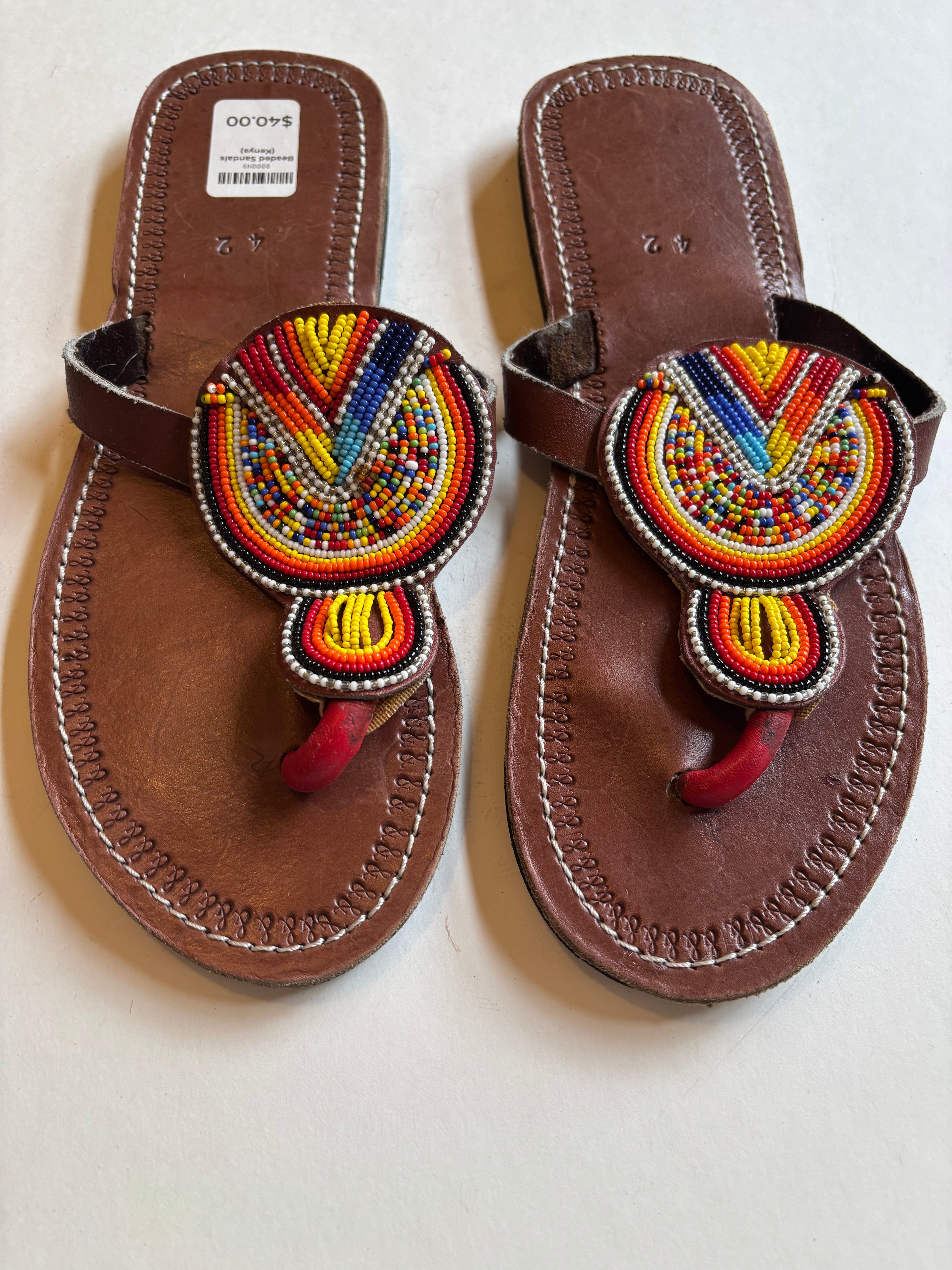 African Beaded Leather Sandals:  EU 42 ( US  11-12 )  Bright, Bold Patterns