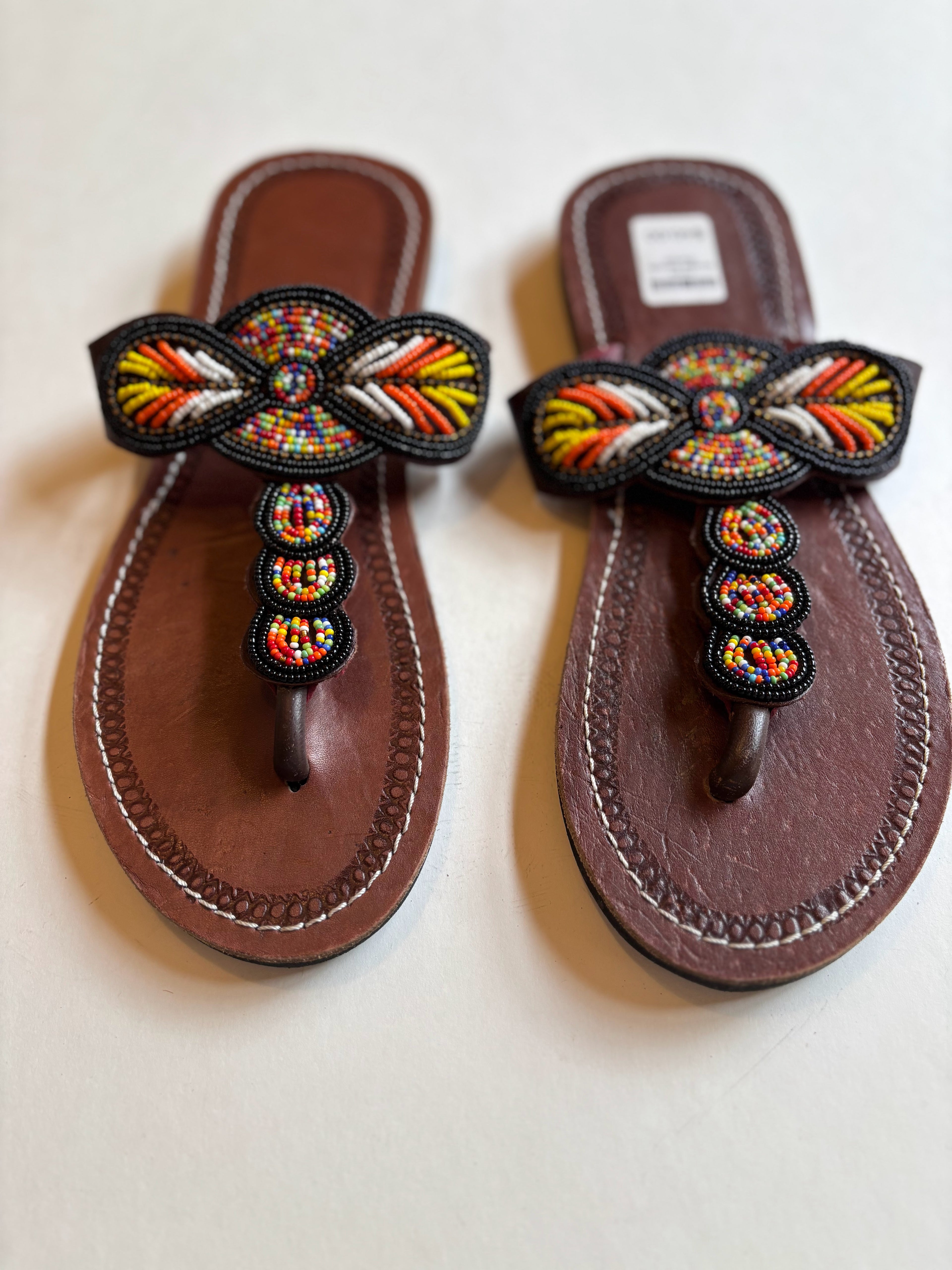 African Beaded Leather Sandals:  EU 42 ( US  11-12 )  Bright, Bold Patterns