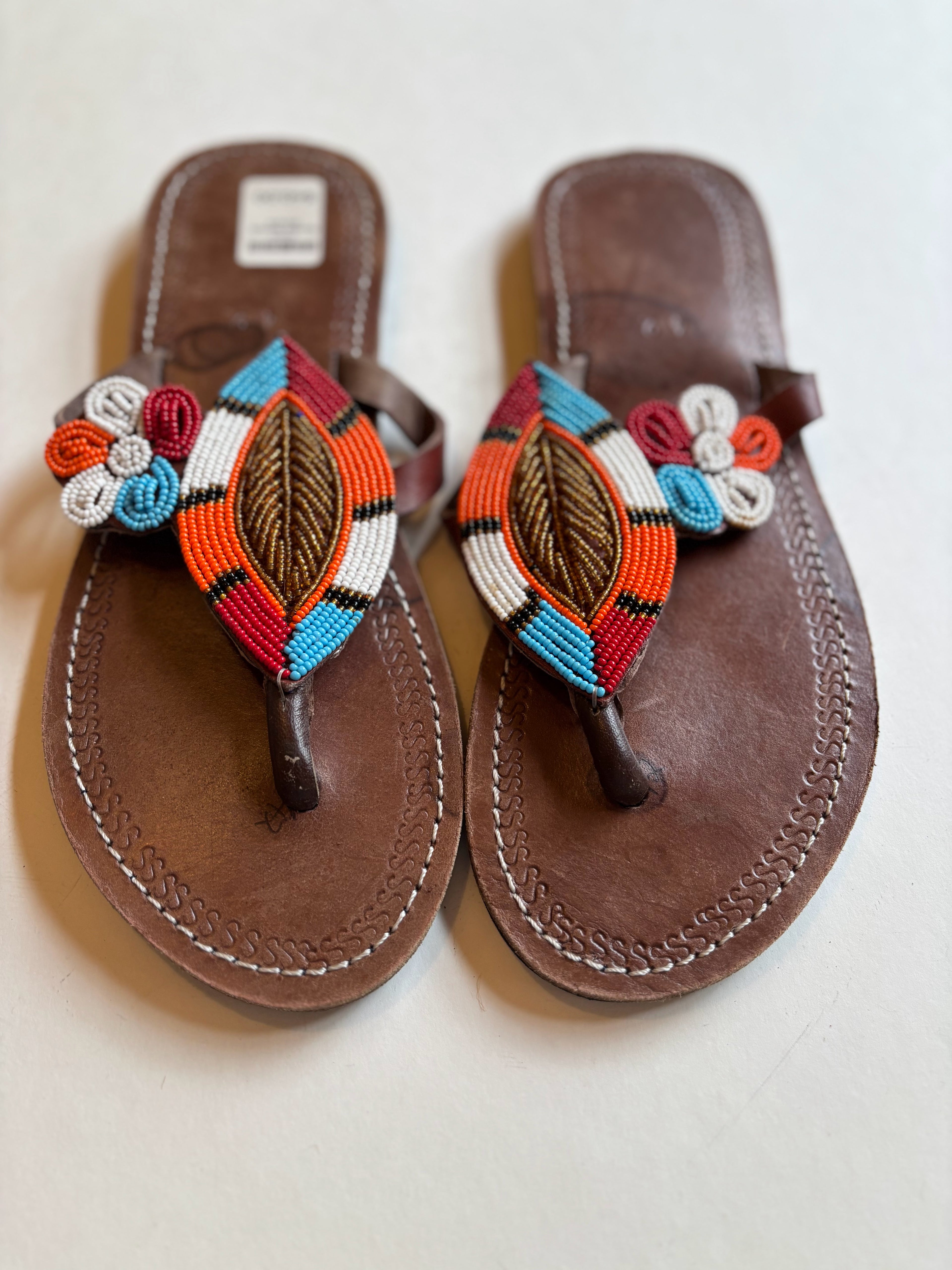 African Beaded Leather Sandals:  EU 42 ( US  11-12 )  Bright, Bold Patterns