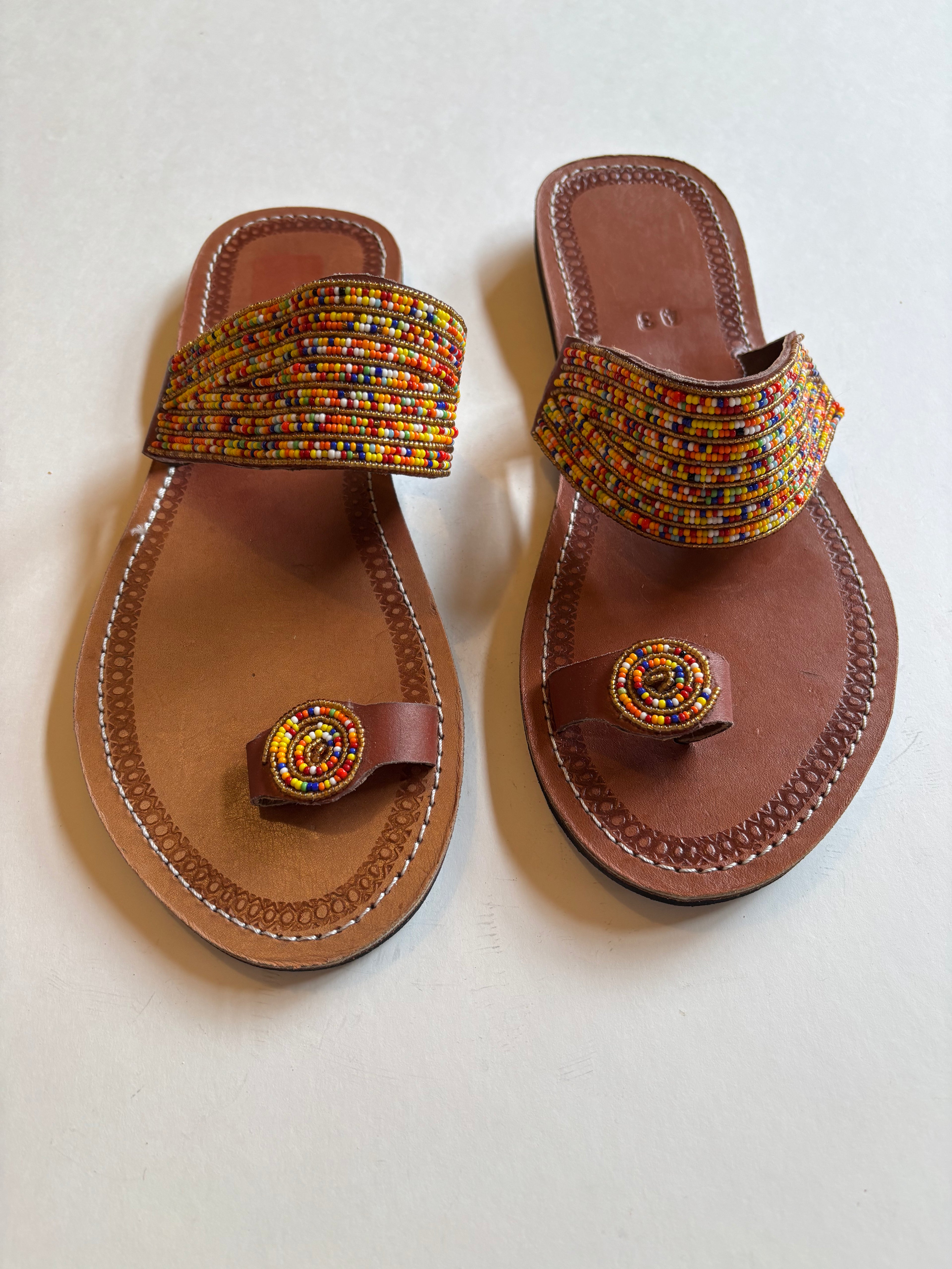 African Beaded Leather Sandals:  EU 43 ( US 12  ) Bright, Bold Patterns