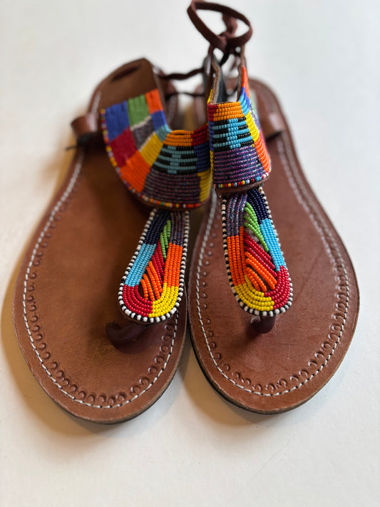 African Beaded Leather Sandals:  EU 43 ( US 12  ) Bright, Bold Patterns